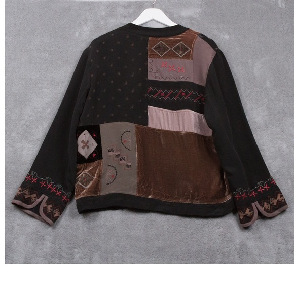CHICOS DESIGN Patchwork Silk Velvet Embroidered Jacket Art To Wear Boho Sz 2/L - Picture 3 of 6